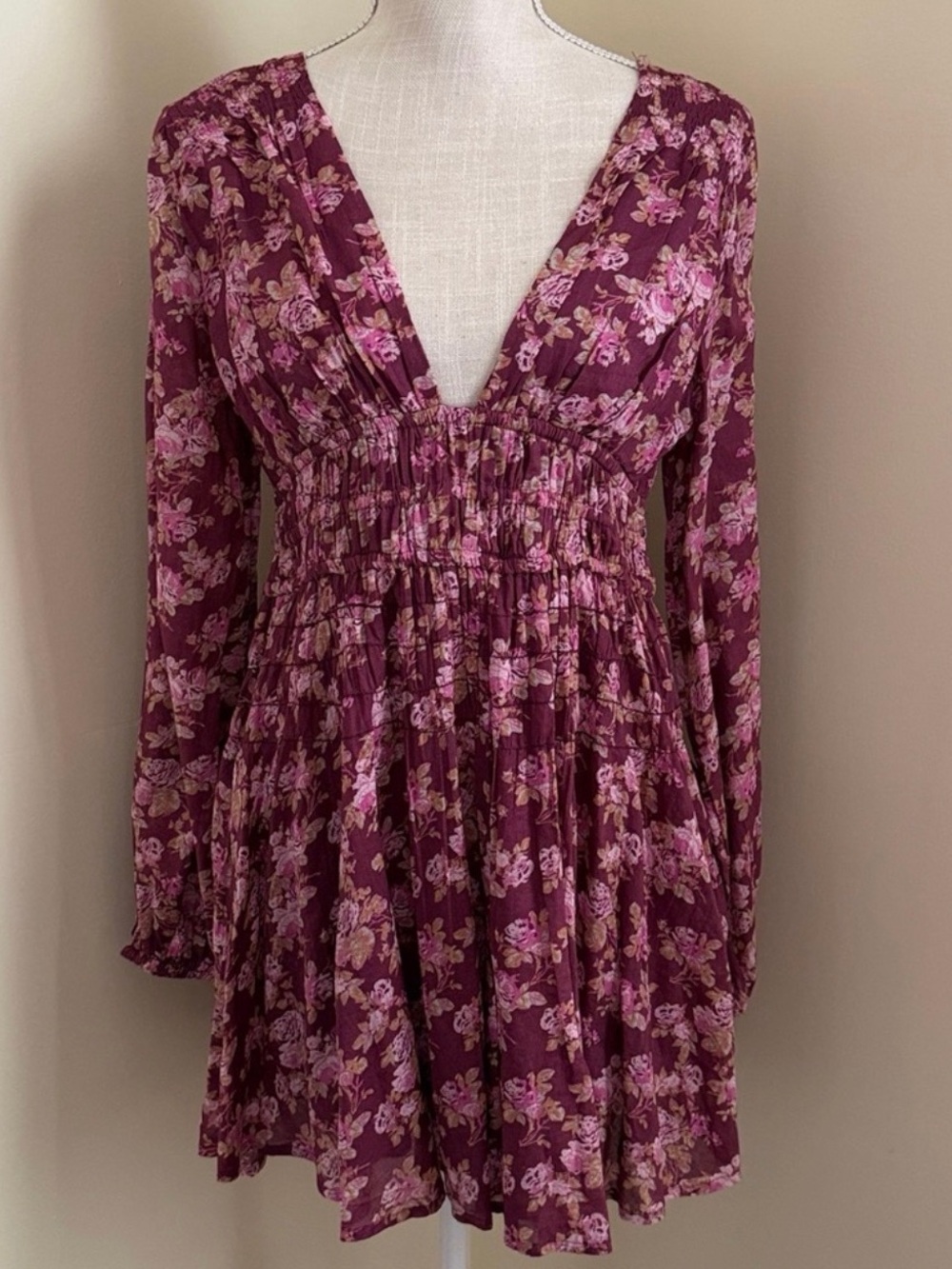 Free People Floral V-Neck Long Sleeve Mini Dress - Picture 4 of 12